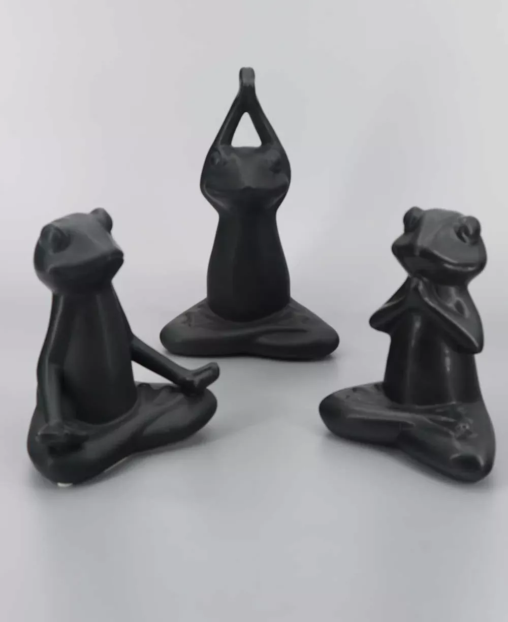 Set of 3 Yoga Frog Black Ceramic Statues