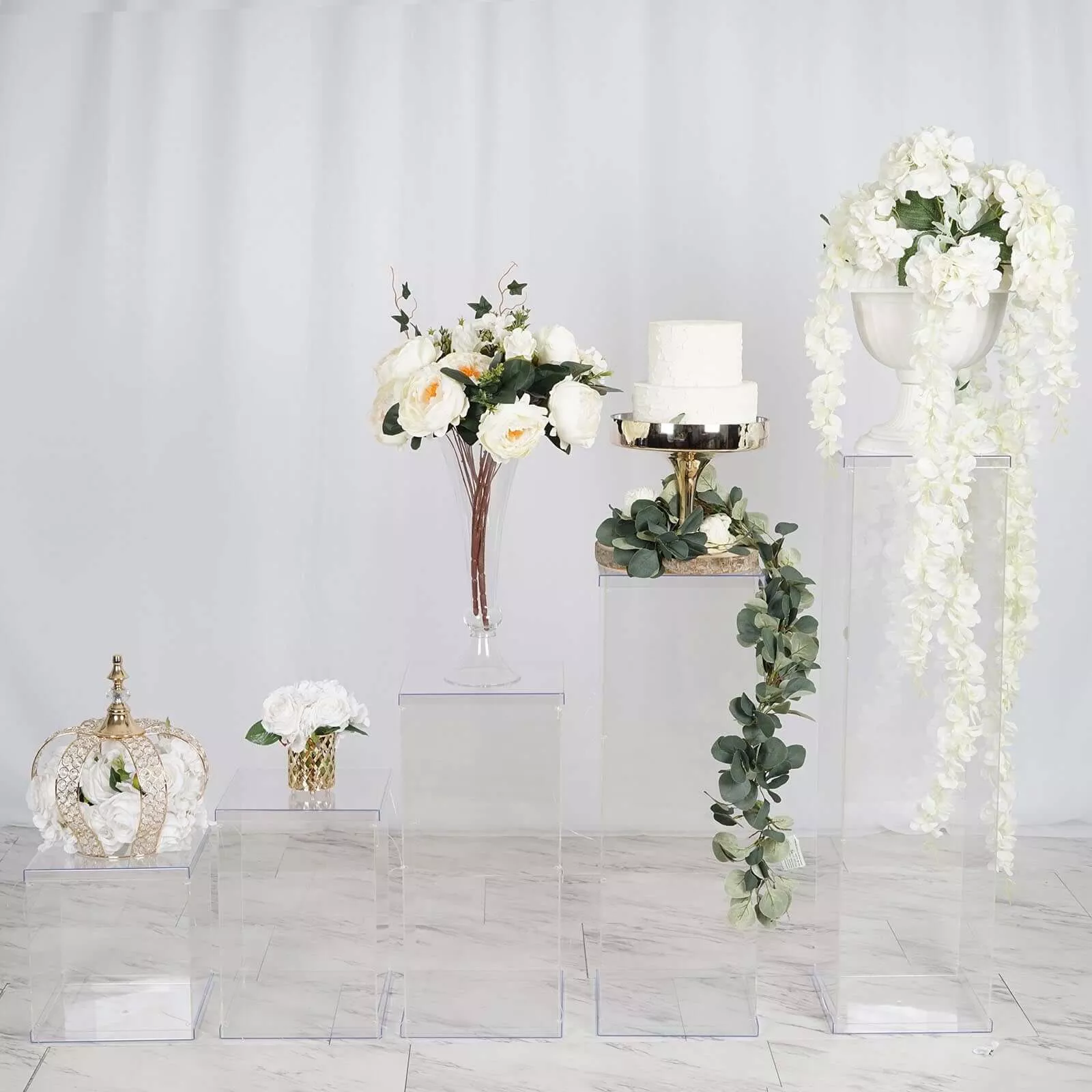 Set of 5 Clear Acrylic Display Boxes, Transparent Pedestal Risers with Interchangeable Lid and Base - 12",16",24",32",40"