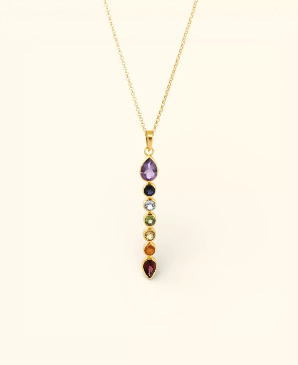 Seven Chakra Gemstone Necklace – 18K Gold Plated Vertical Chakra Pendant