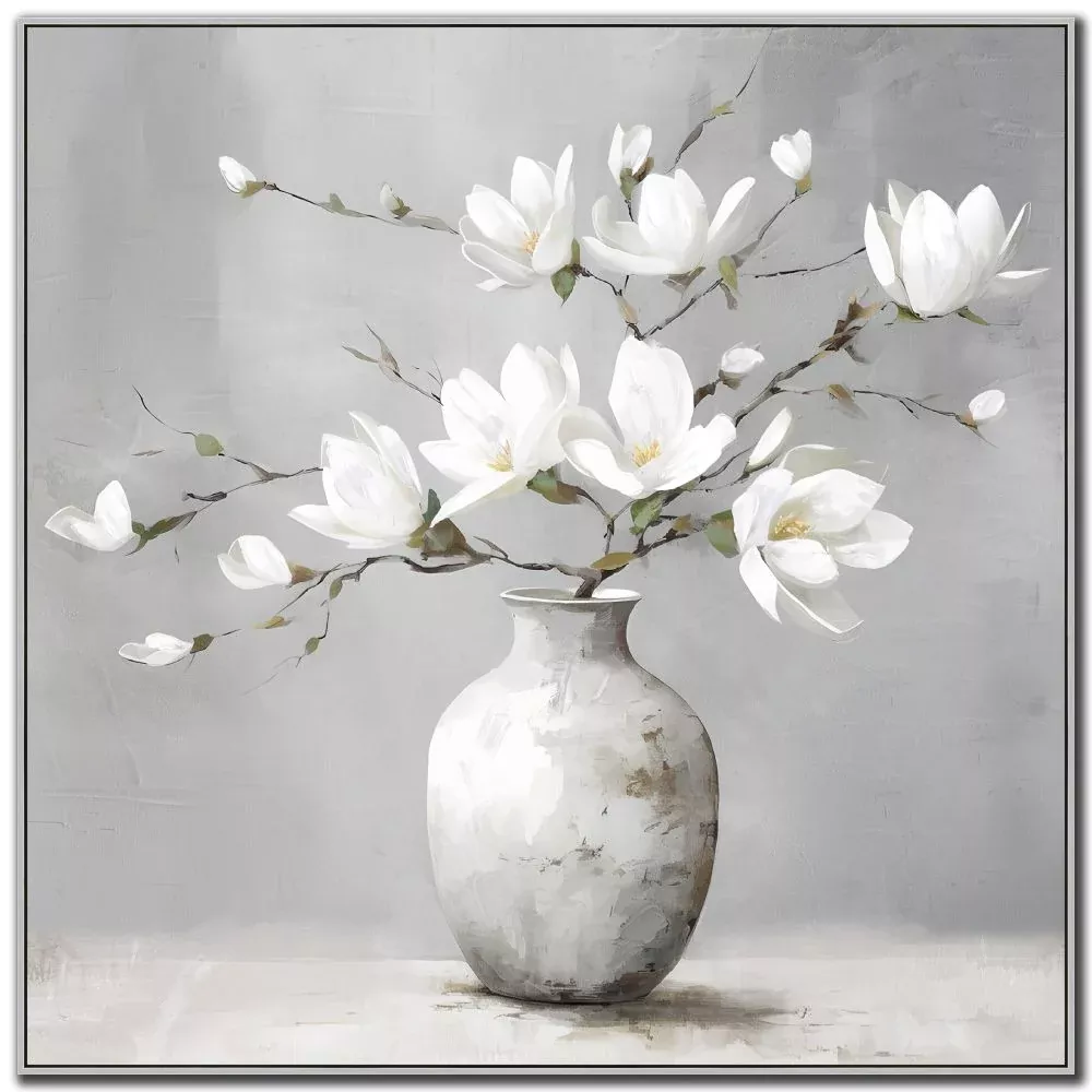 Silent Magnolias I - Hand Embellished Printed Canvas In Floating Frame