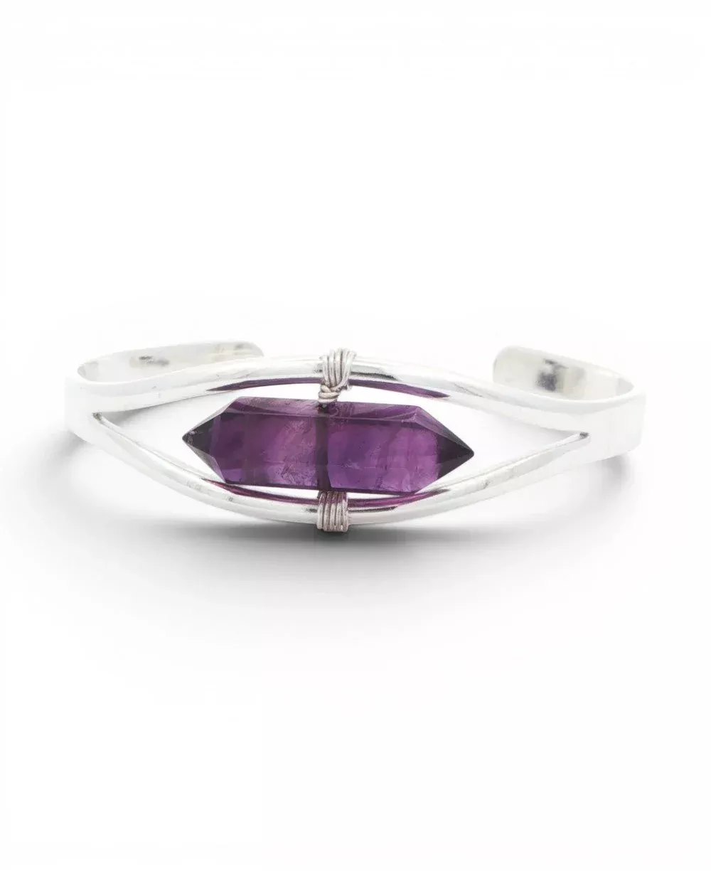 Silver Amethyst Point Cuff Bracelet — Adjustable Crystal Jewelry