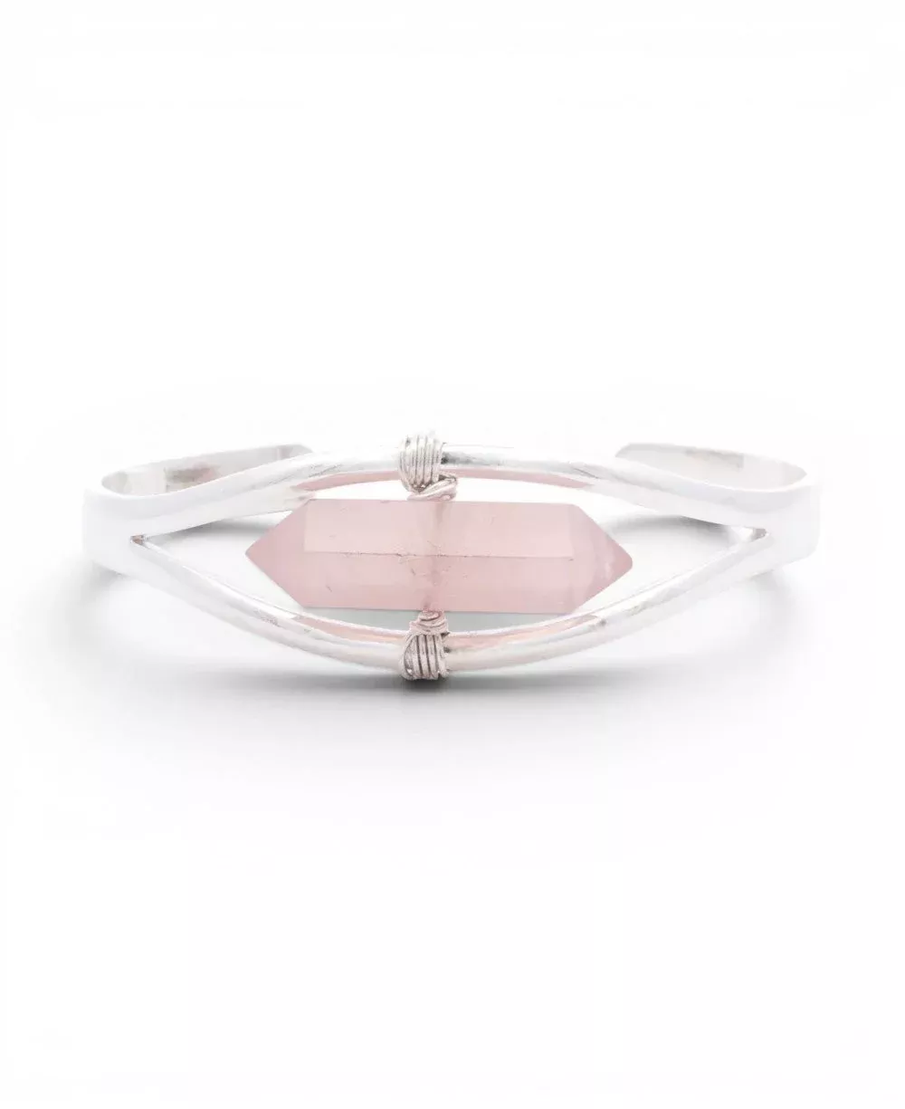 Silver Rose Quartz Point Cuff Bracelet — Adjustable Crystal Jewelry