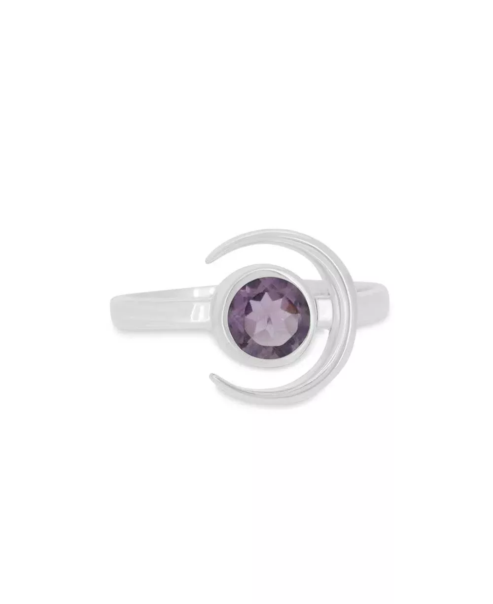 Sterling Silver Amethyst Ring with Crescent Moon