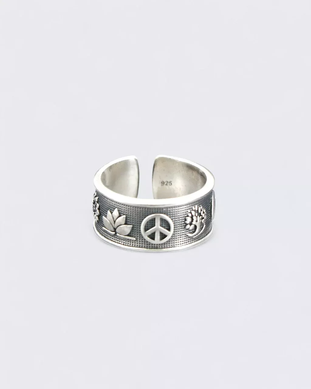 Sterling Silver Intention Symbol Ring – Adjustable Band with Lotus, Tree of Life, Yin Yang