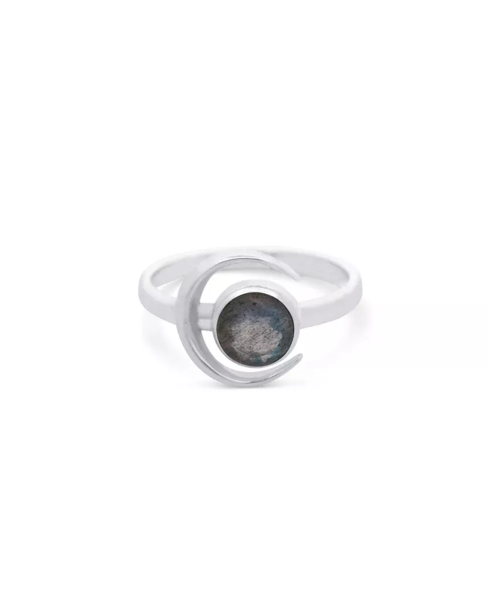 Sterling Silver Labradorite Gemstone Ring with Crescent Moon Design