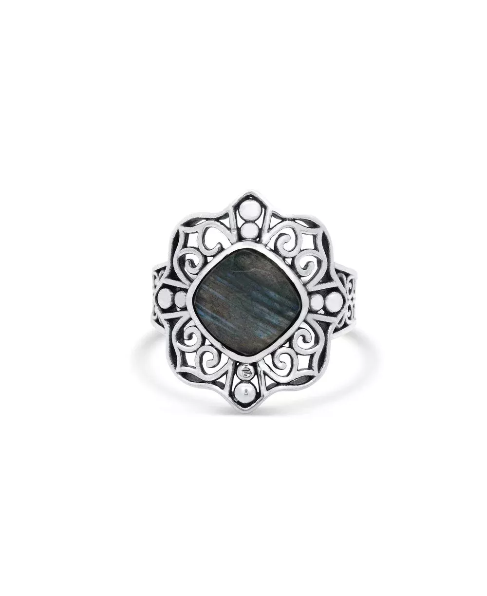 Sterling Silver Labradorite Ring with Lotus Mandala Design