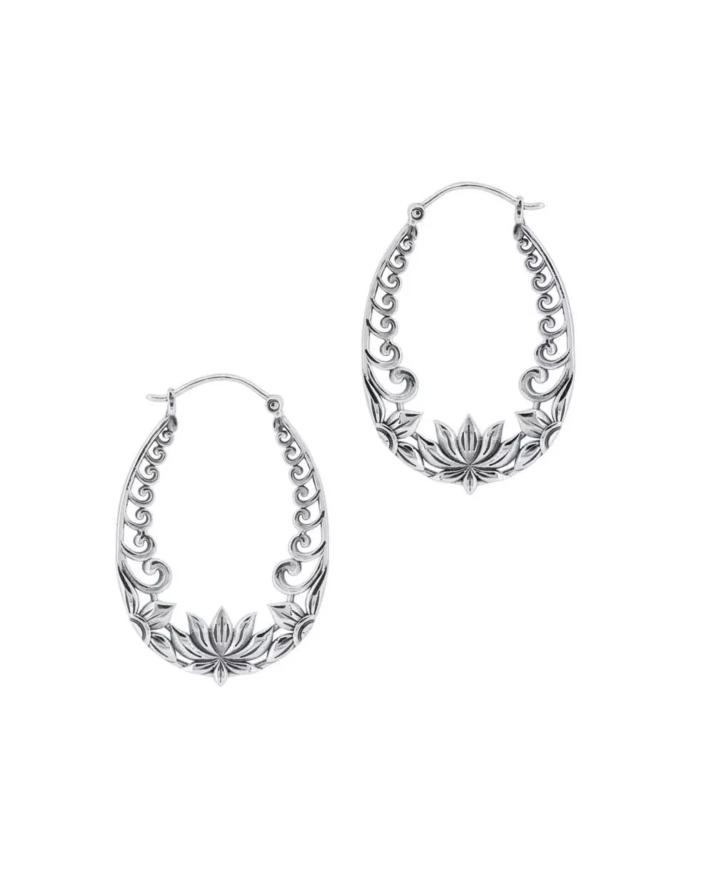 Sterling Silver Lotus Design Hoop Earrings