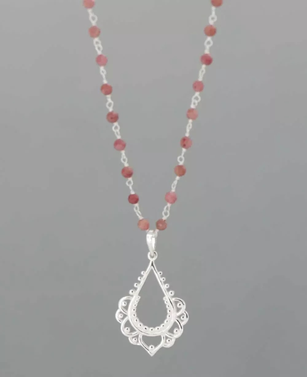 Sterling Silver Lotus and Rhodonite Bead Necklace