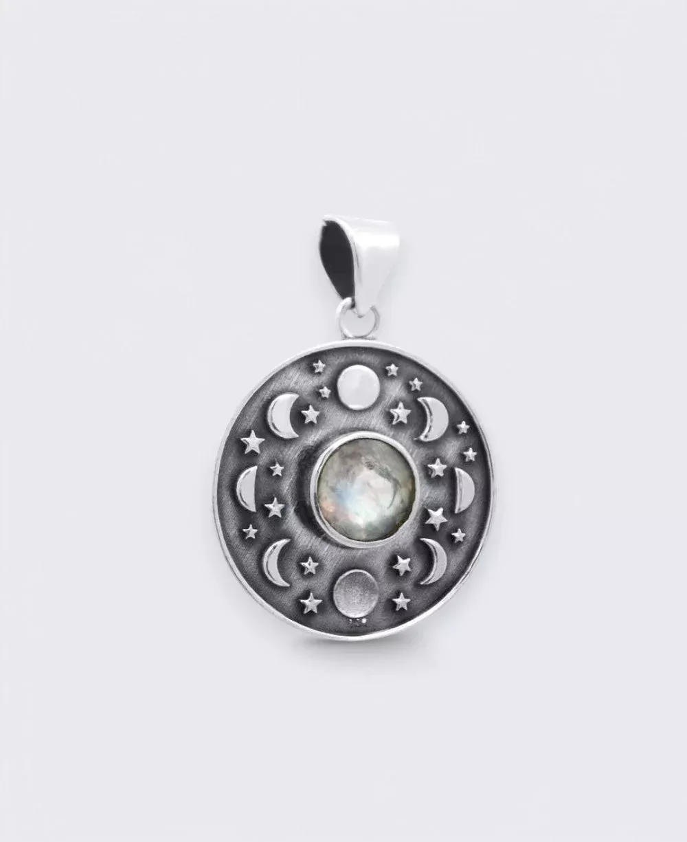 Sterling Silver Moon Phase Celestial Pendant with Moonstone
