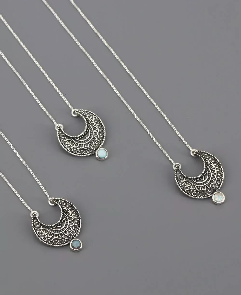 Sterling Silver Moon Phase Mandala Art Gemstone Inspirational Necklace