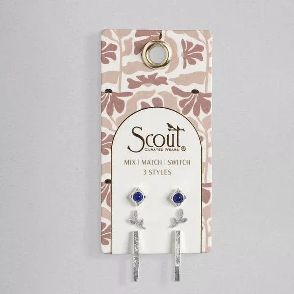 Stud Trio Ear Jacket Set - Leaf | Lapis | Silver