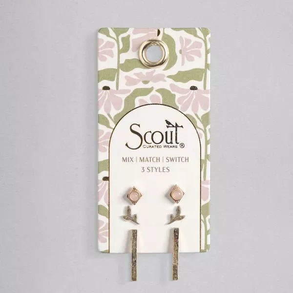 Stud Trio Ear Jacket Set - Leaf | Rose Quartz | Gold