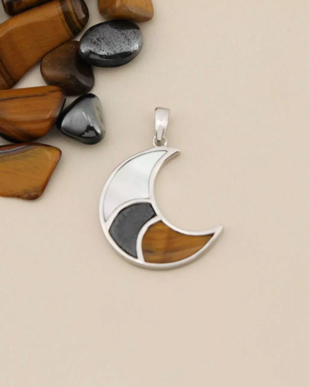 Tricolor Crescent Inlay Moon Pendant – Sterling Silver with Tiger’s Eye, Hematite & Mother of Pearl