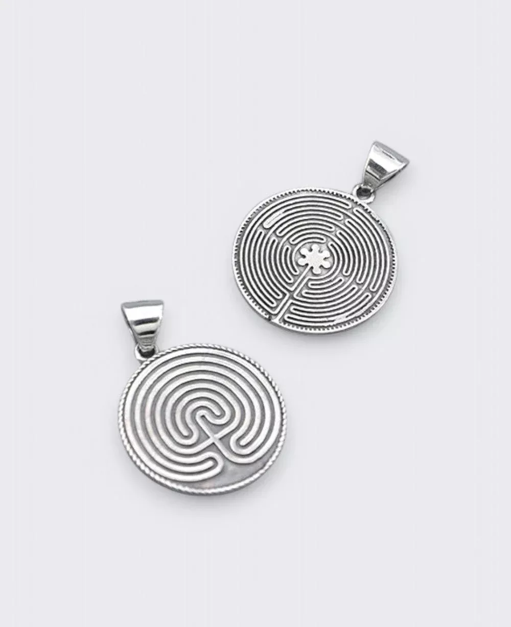 Two-Sided Silver Labyrinth Pendant — Classical & Chartres Path Meditation Necklace