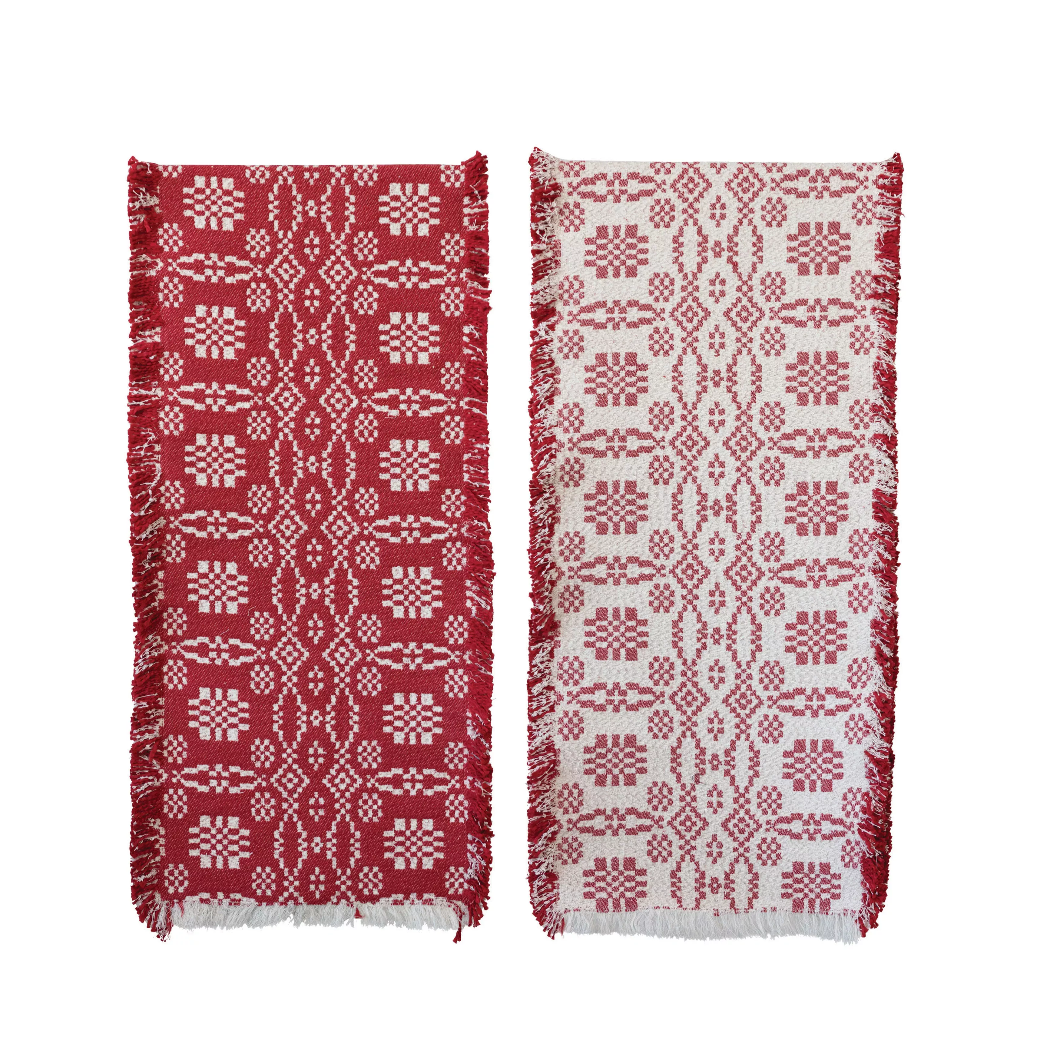 Two-Sided Woven Cotton Table Runner with Pattern and Fringe, Red and White