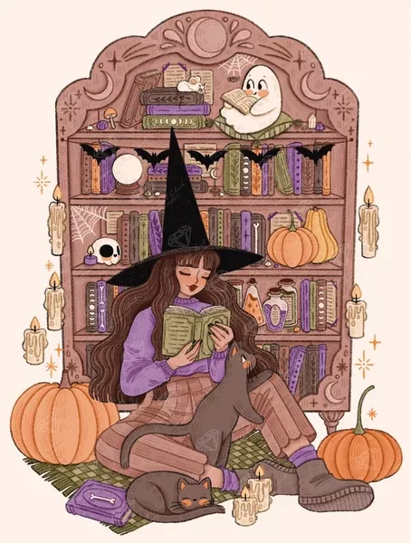 Witch Reading in Front of a Bookshelf