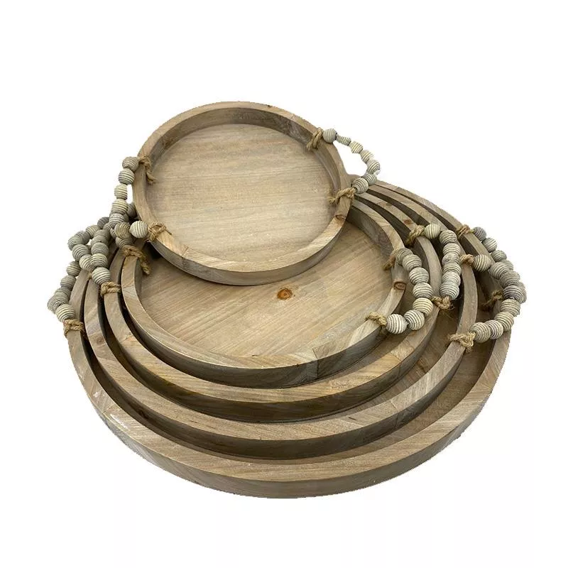 Wooden Round Tray With Beaded Handles