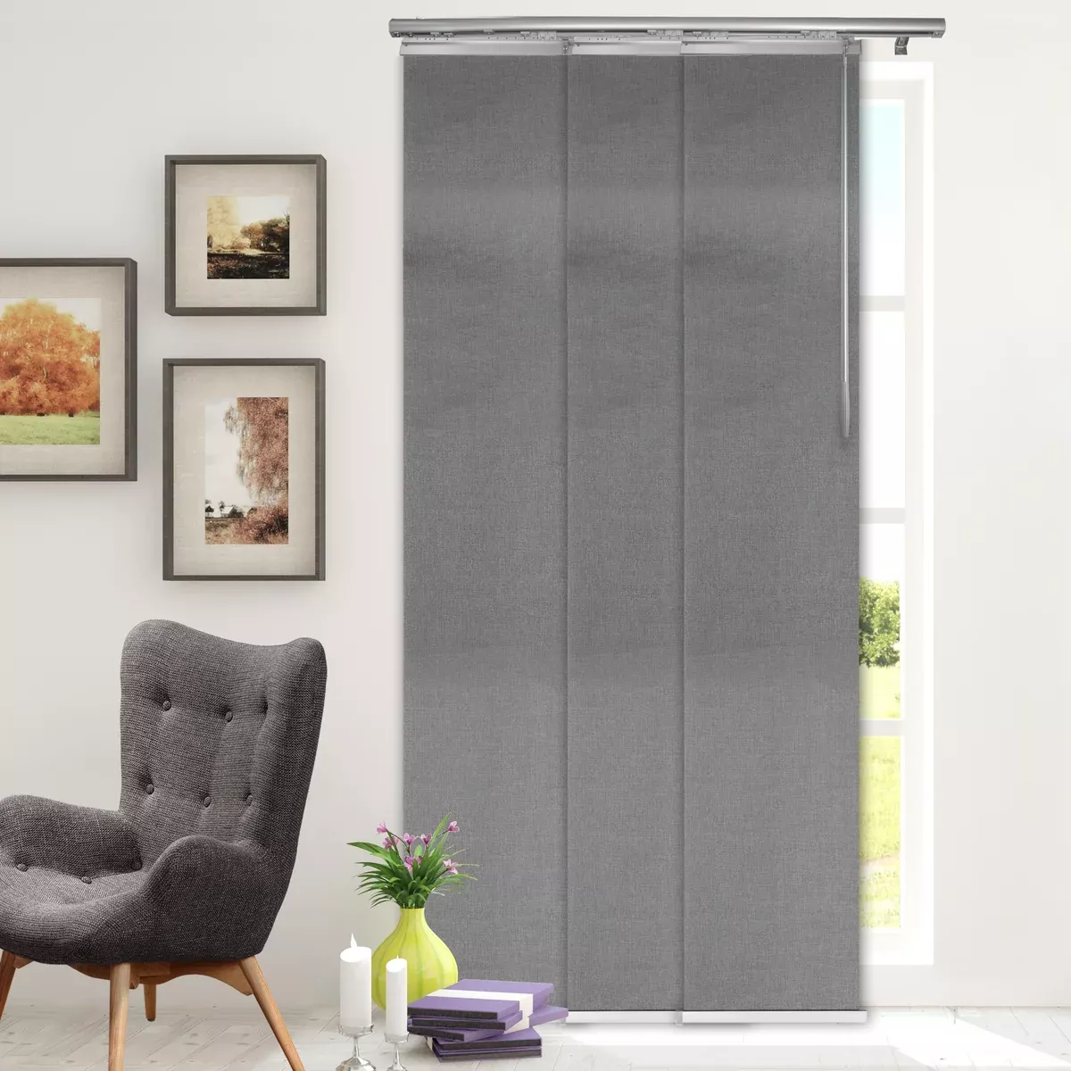 Woven Gray 3-Panel Single Rail Panel Track Extendable 28"-43"W x 91.4"H, Panel width 15.75" - 70% LIGHT-FILTERING