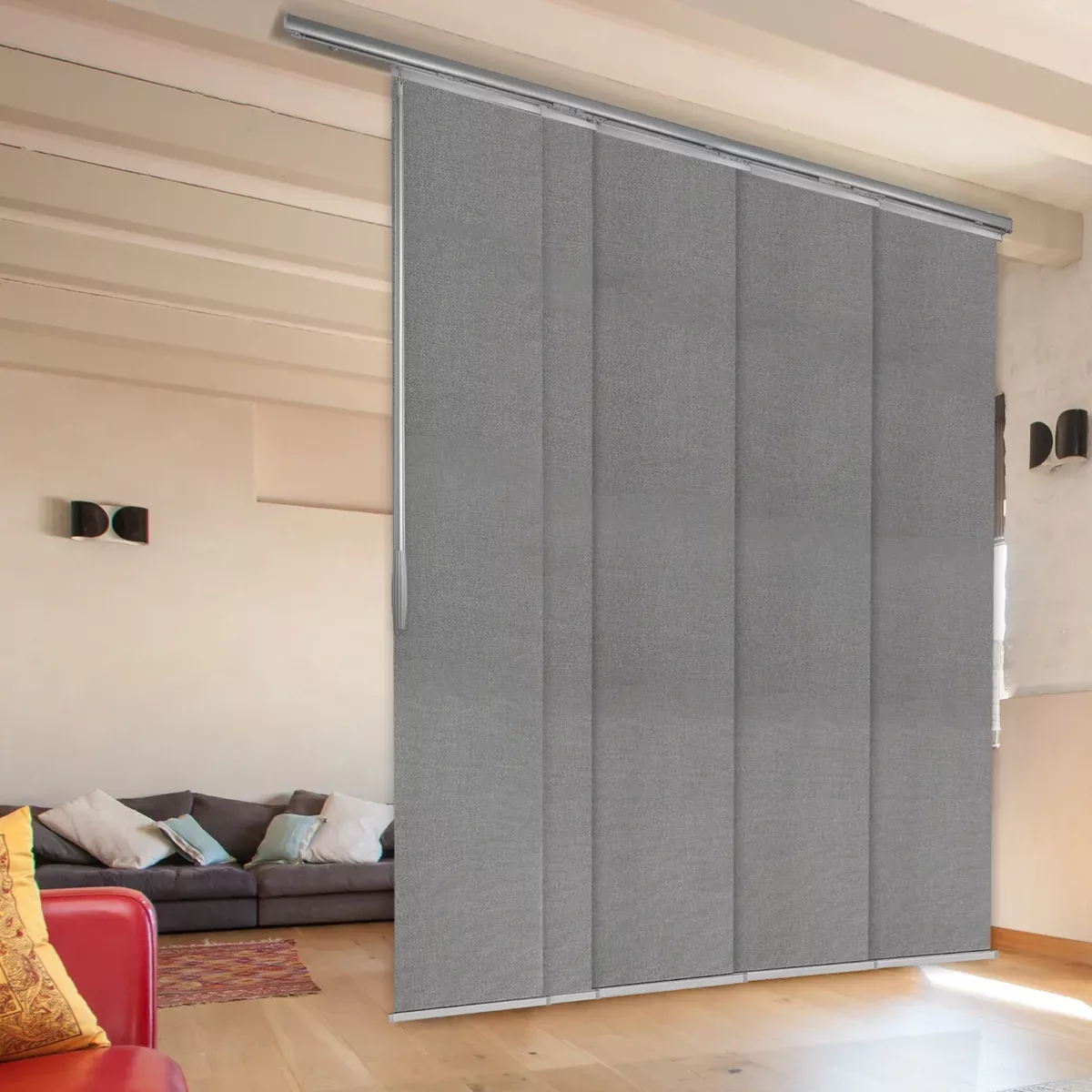 Woven Gray 5-Panel Single Rail Panel Track Extendable 40"-70"W x 91.4"H, Panel width 15.75" - 70% LIGHT-FILTERING