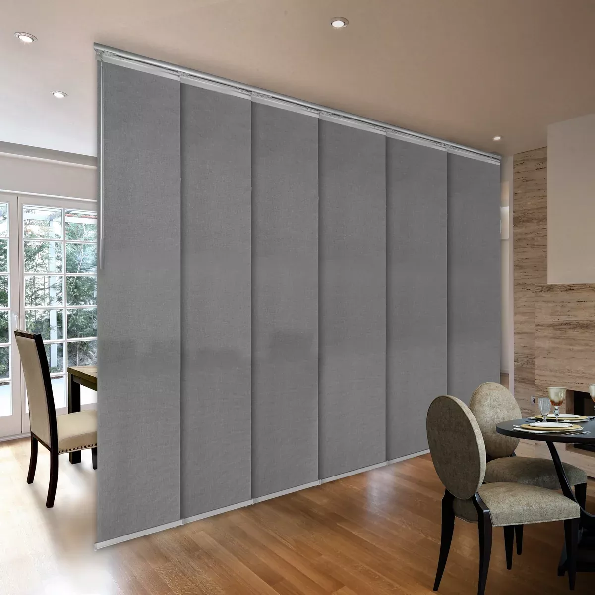 Woven Gray 6-Panel Single Rail Panel Track 70"-130"W x 91.4"H, Panel width 23.5" - 70% LIGHT-FILTERING